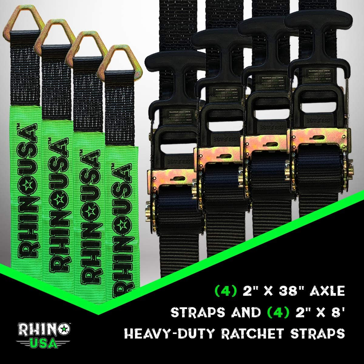 Rhino USA Trailer Ratchet Straps Kit - 11,128Lb Guaranteed Break Strength -  Use for Car, Truck, UTV & More - (4) Premium 2